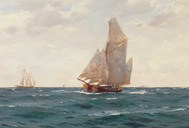 Ein Ketsch und eine Brigantine vor der Küste, ca. 1905